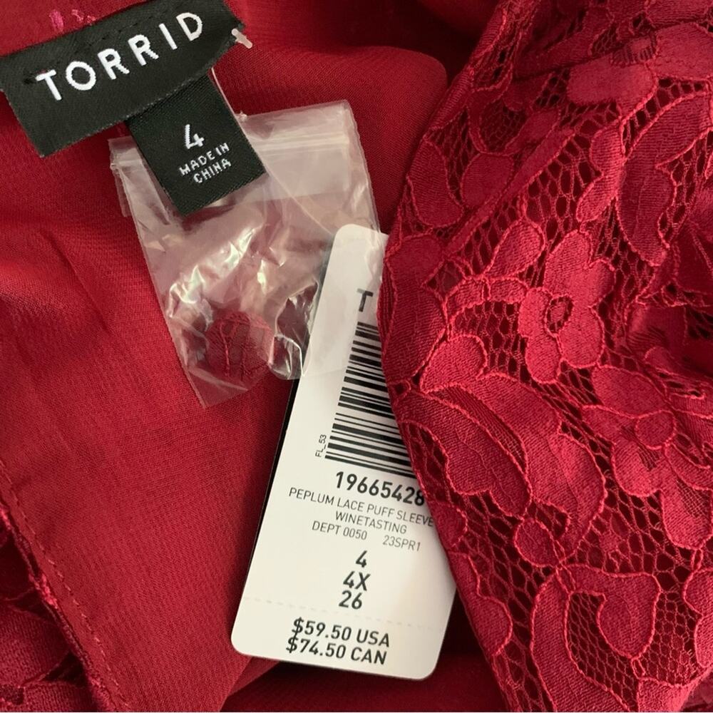 Torrid lace puff sleeve peplum blouse wine tasting maroon red size 4 plus 4X - Picture 11 of 14